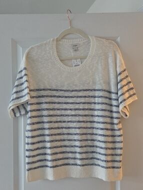 J. Crew Cream and Navy Short-Sleeve Crewneck Sweater